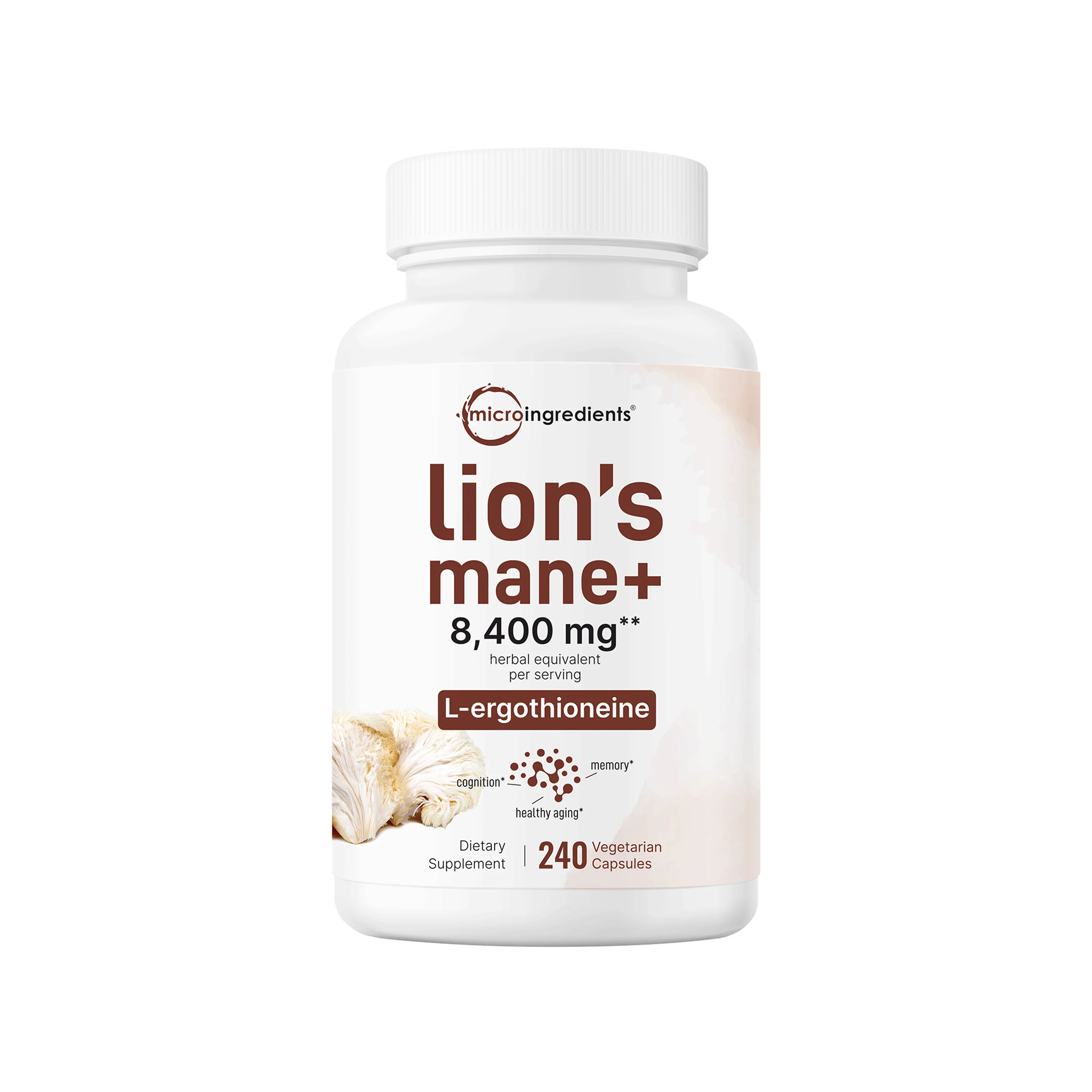 Micro Ingredients Lions Mane with L-Ergothioneine | 240 Vegan Capsules, 8,400 mg Herbal Equivalent, Ultra Strength Lions Mane Supplement