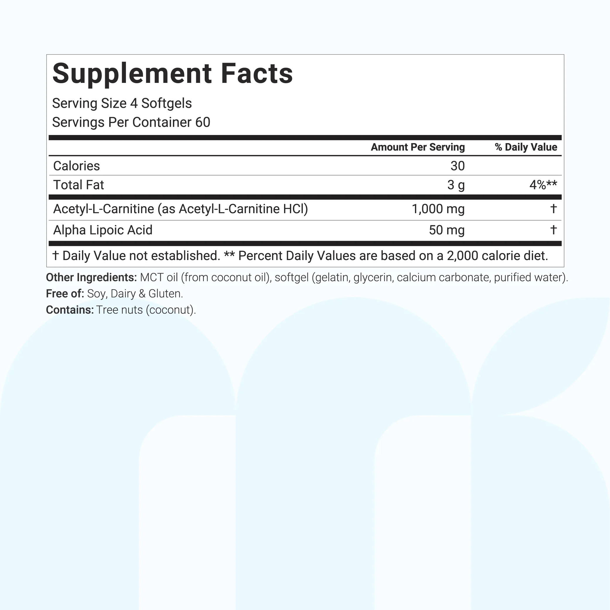Micro Ingredients Acetyl L-Carnitine 1000mg with Alpha Lipoic Acid, 240 MCT Oil Softgels - Image 2