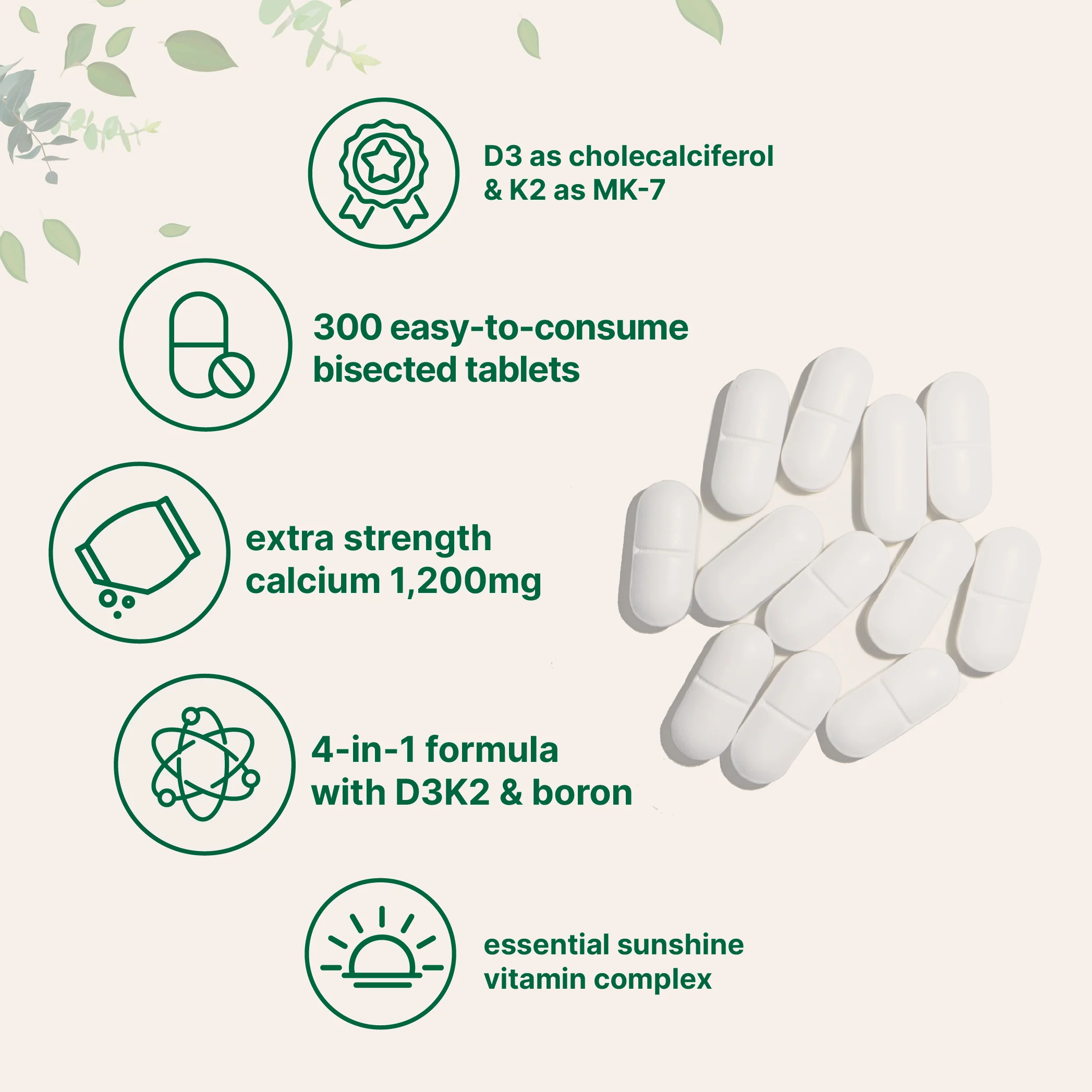 Micro Ingredients Calcium 1,200 mg with Vitamin D3 Plus K2 (MK-7) & Boron, 300 Tablets - Image 3
