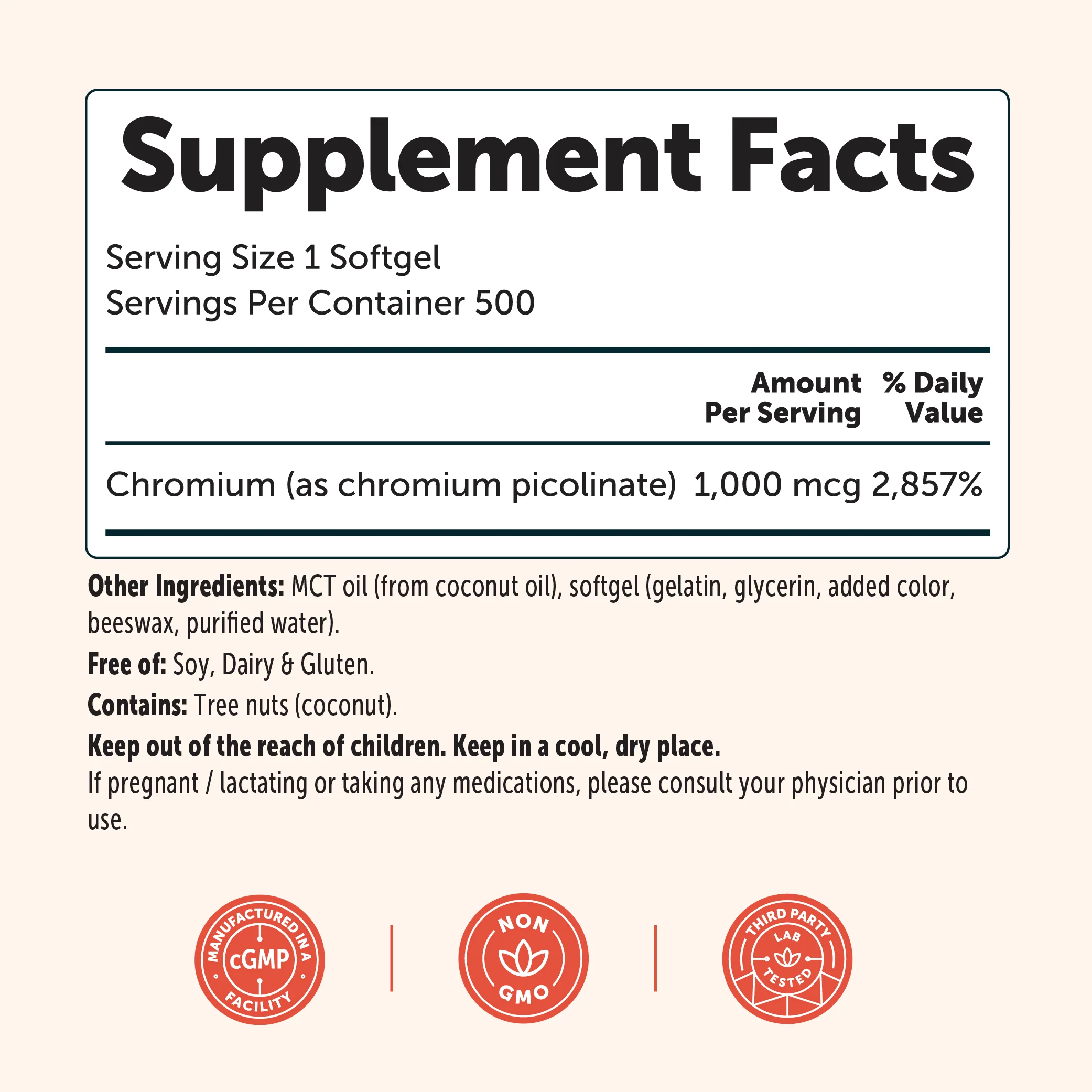 Micro Ingredients Chromium Picolinate 1000mcg with MCT Oil, 500 Softgels - Image 2