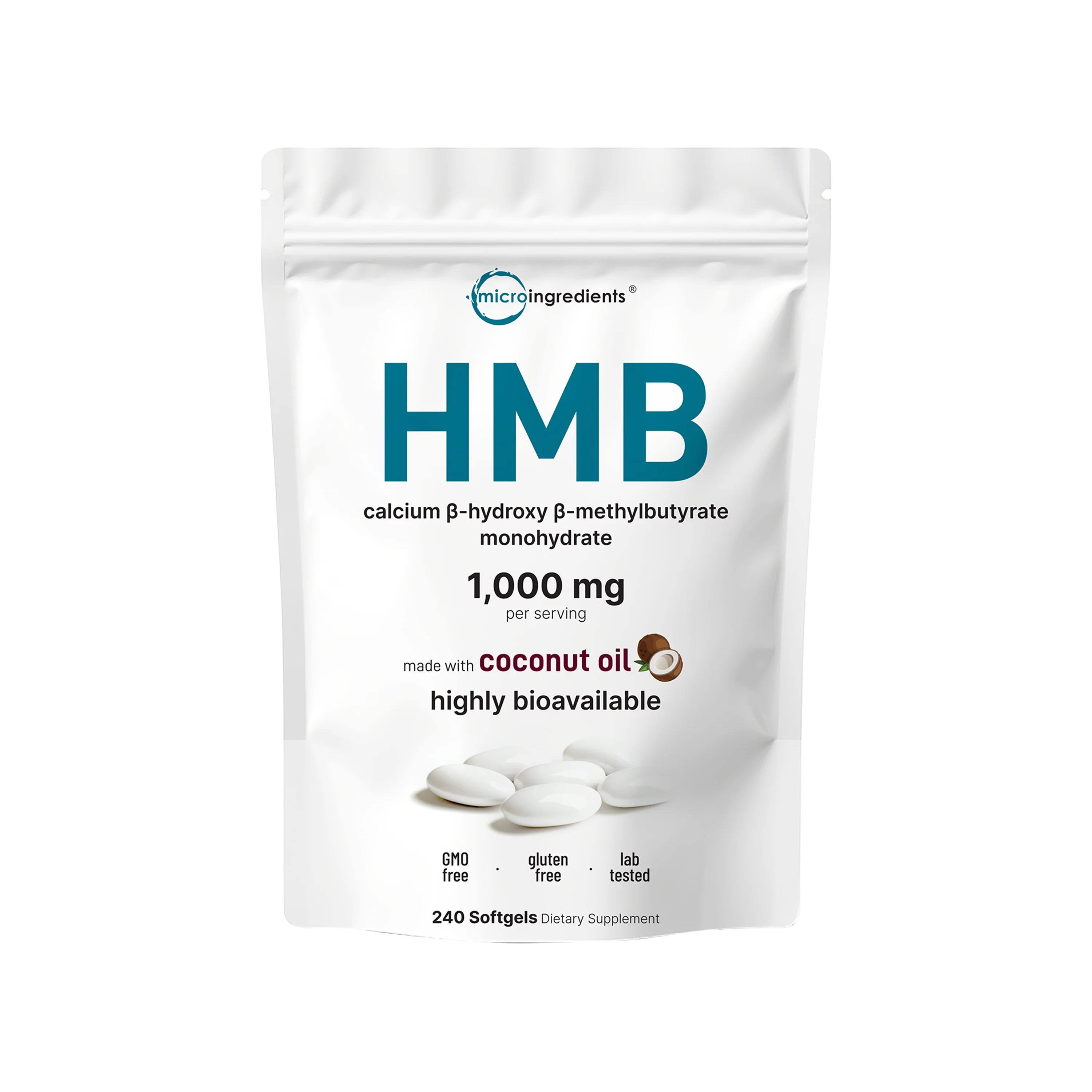 Micro Ingredients HMB 1,000mg, 240 Softgels with Coconut Oil, Highly Bioavailable