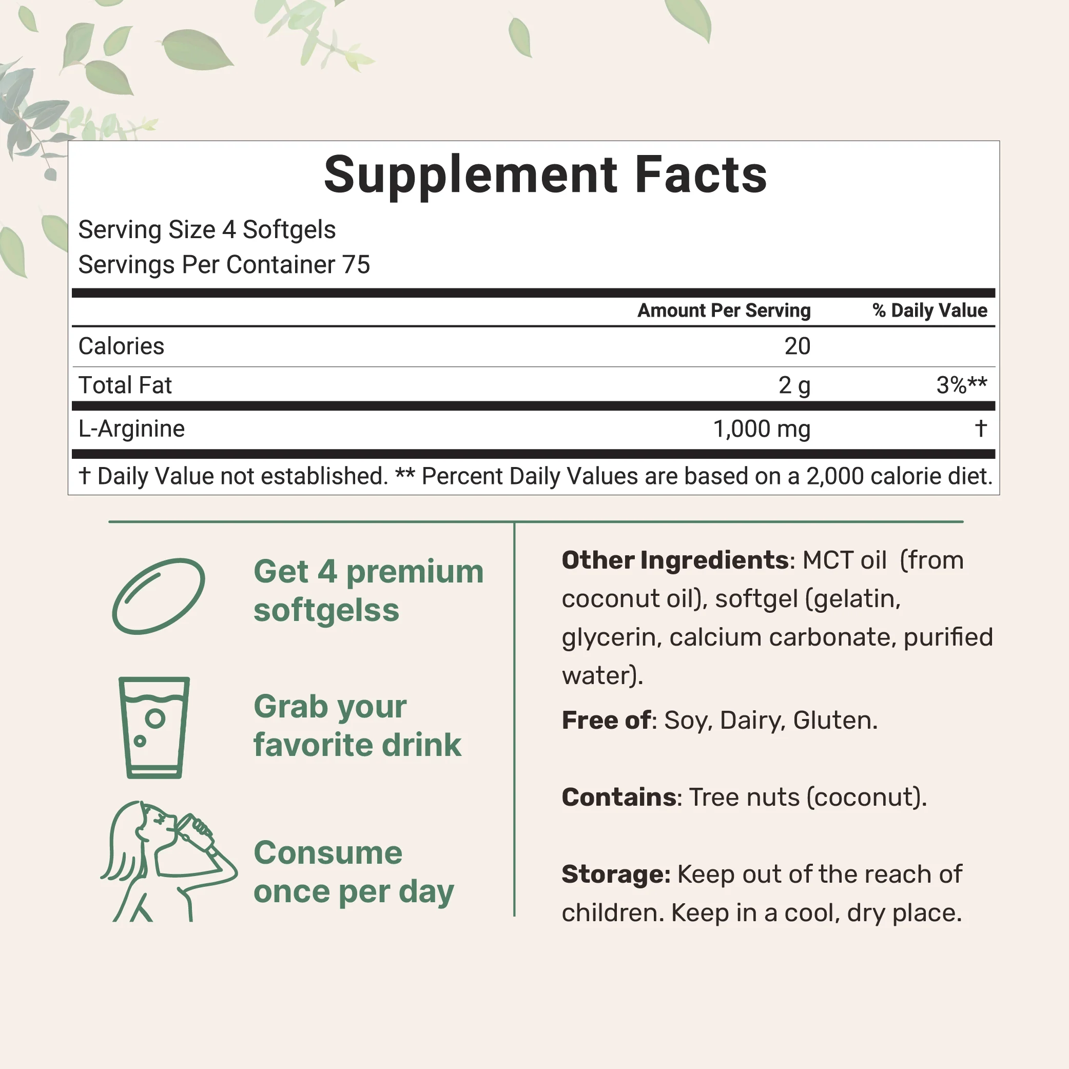 Micro Ingredients L-Arginine 1000mg with MCT Oil, 300 Softgels - Image 2