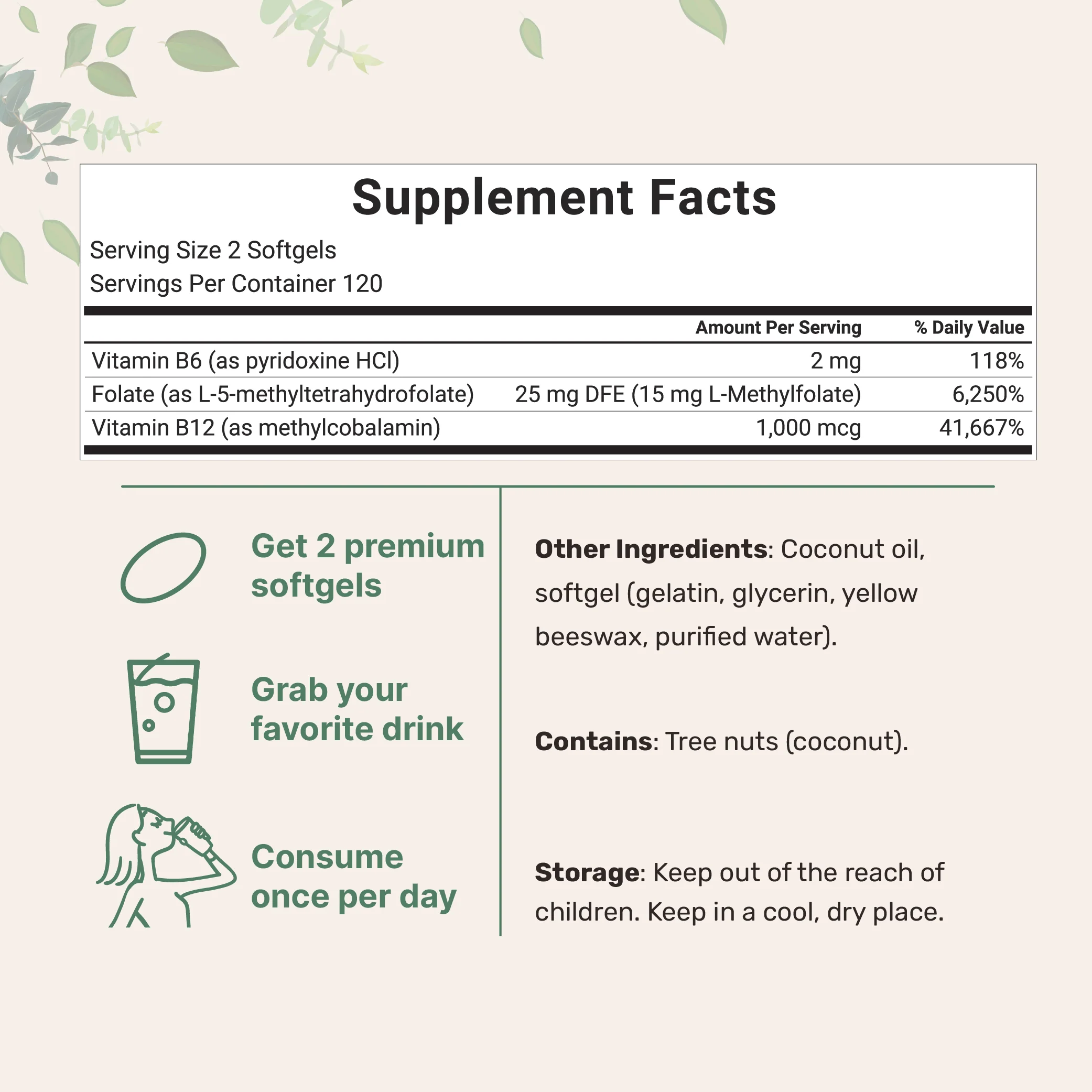 Micro Ingredients L Methylfolate 15mg with B6 Plus Methyl B12 | 240 Softgels with Coconut Oil - Image 2