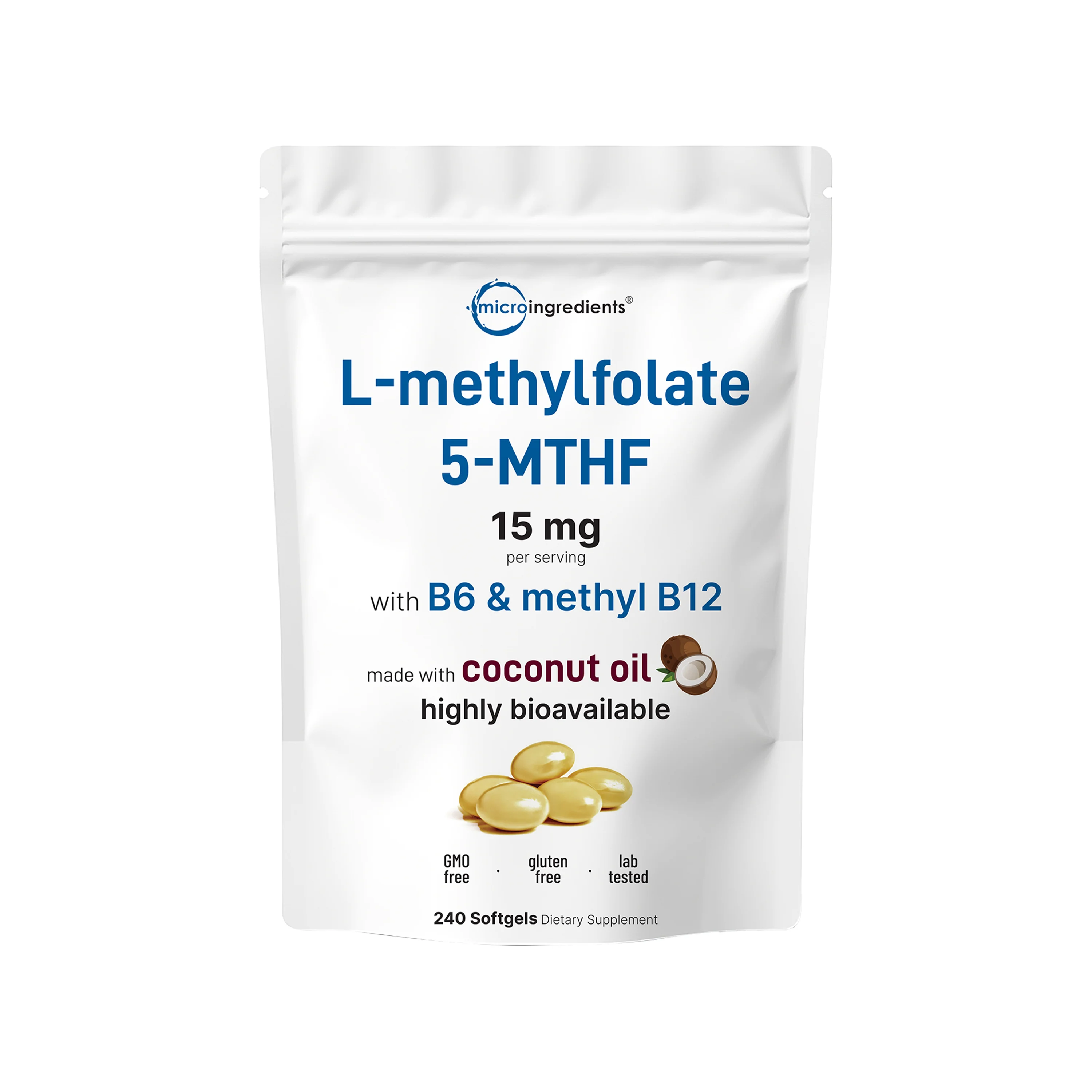 Micro Ingredients L Methylfolate 15mg with B6 Plus Methyl B12 | 240 Softgels with Coconut Oil - Image 6