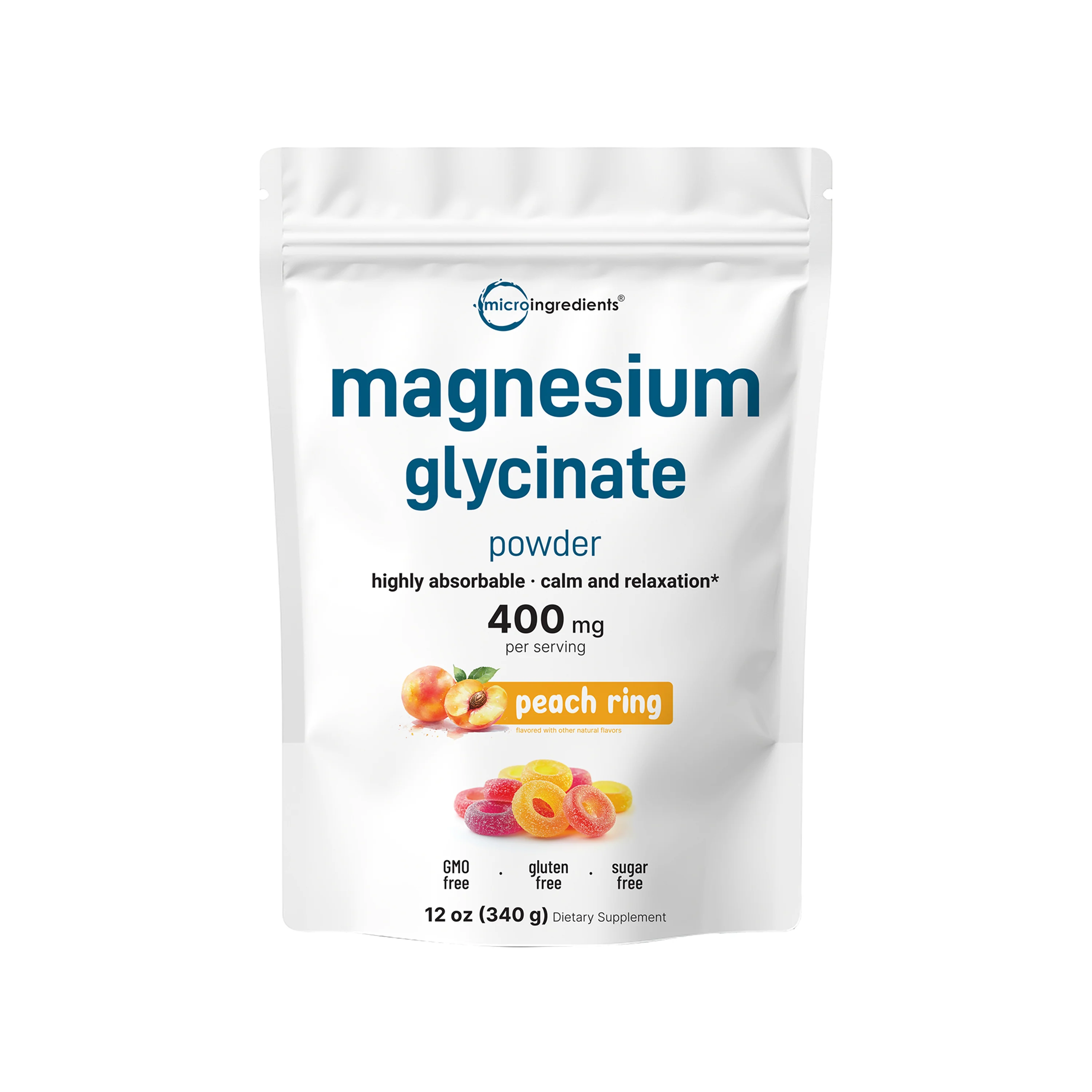 Micro Ingredients Magnesium Glycinate 400mg Per Serving, 12oz Powder – Sweet Peach Ring Flavor