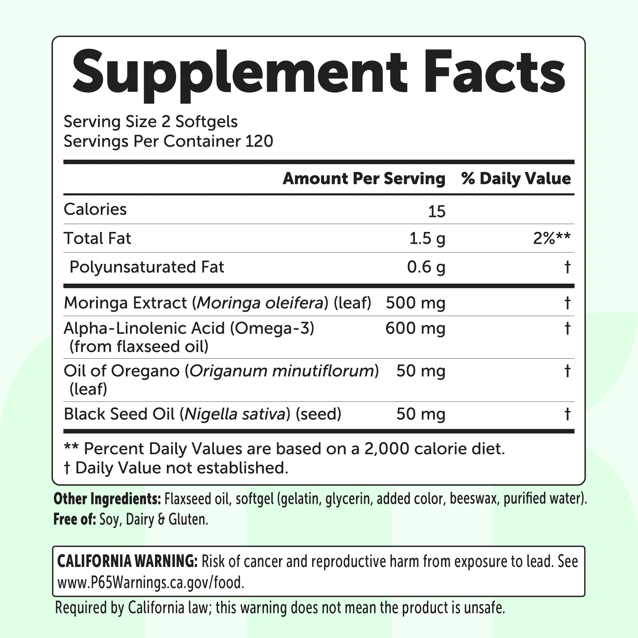 Micro Ingredients Moringa with Oregano Oil, Black Seed Oil & Omega-3, 240 Flaxseed Oil Softgels - Image 2