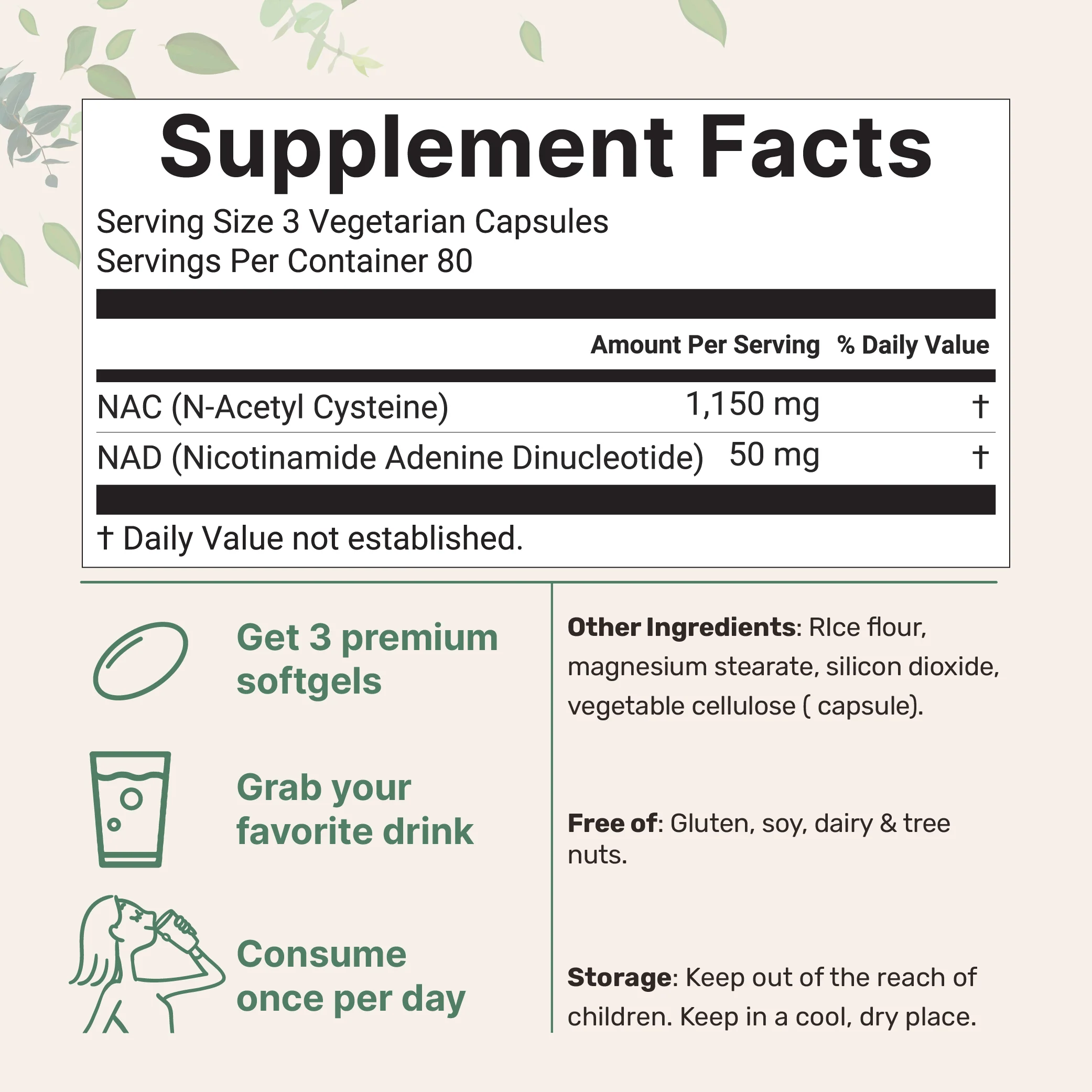 Micro Ingredients NAC with NAD+ 1200mg, 240 Vegetarian Capsules - Image 2