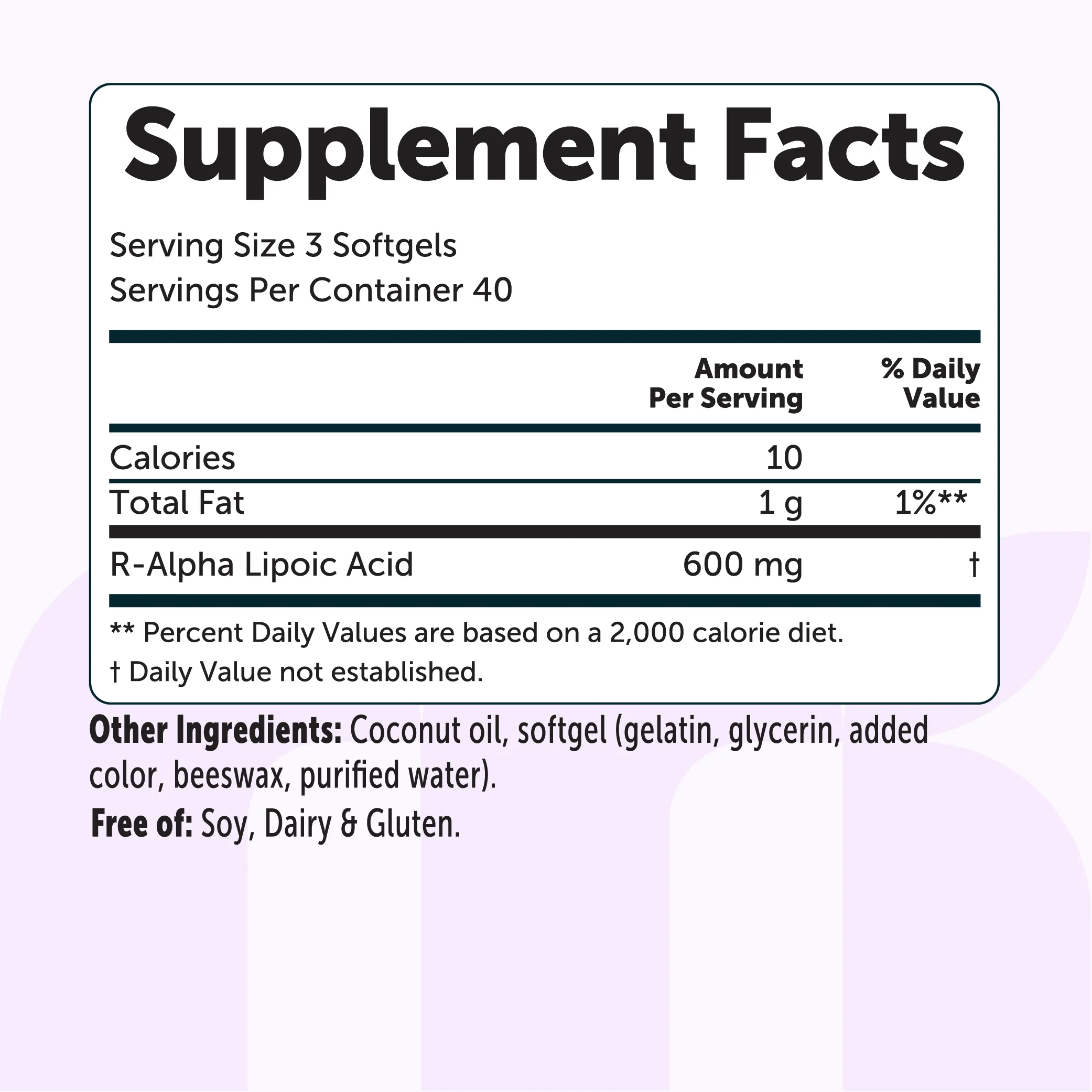 Micro Ingredients R Alpha Lipoic Acid 600mg with Coconut Oil, 120 Softgels - Image 3