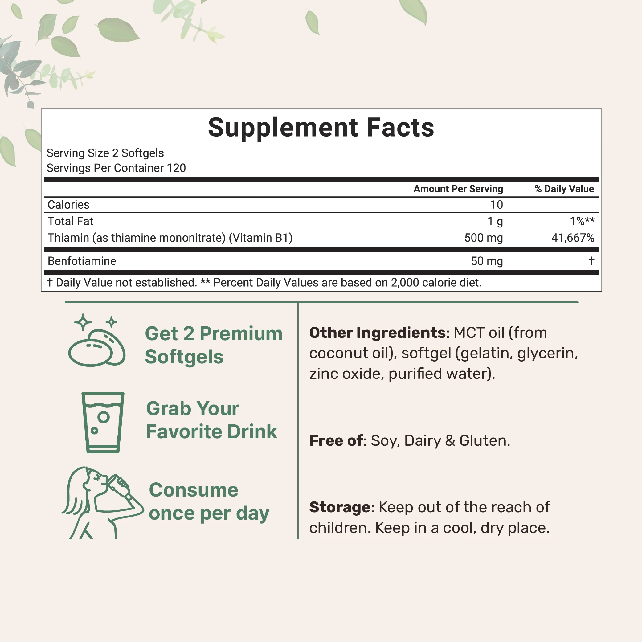 Micro Ingredients Vitamin B1 500mg with Benfotiamine with MCT Oil, 240 softgels - Image 2