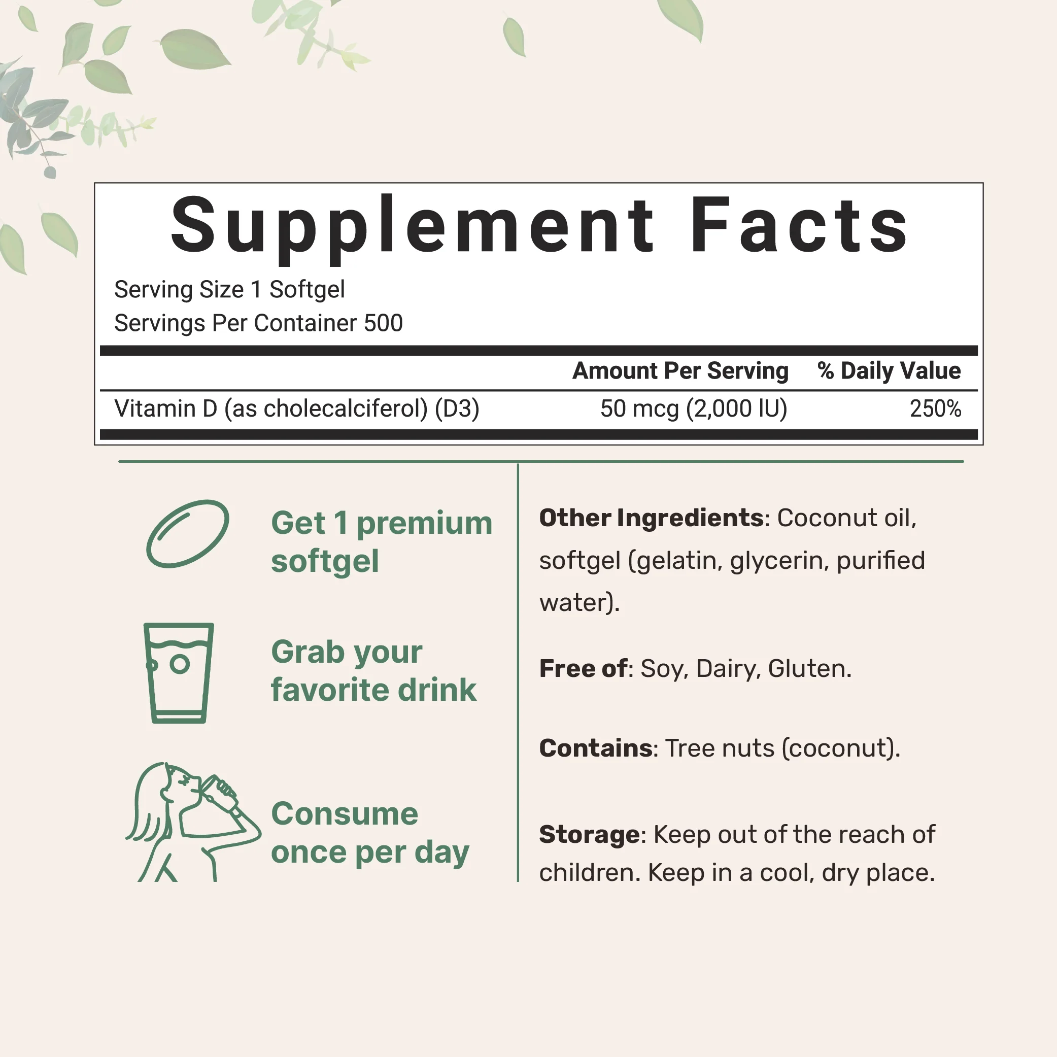 Micro Ingredients Vitamin D3 2,000 IU, 500 Softgels with Virgin Coconut Oil - Image 2