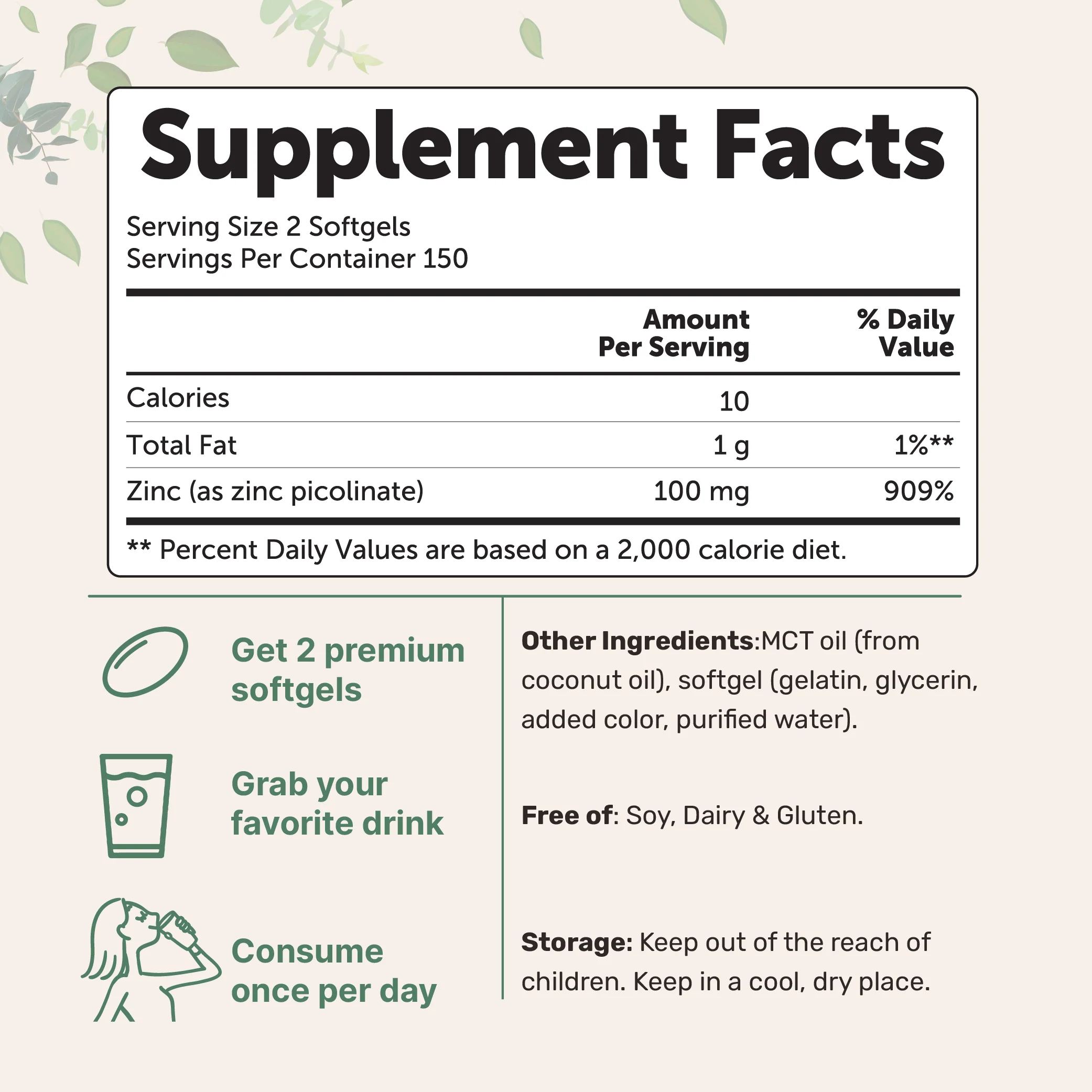 Micro Ingredients Zinc Picolinate 100mg with MCT Oil, 300 Softgels - Image 2