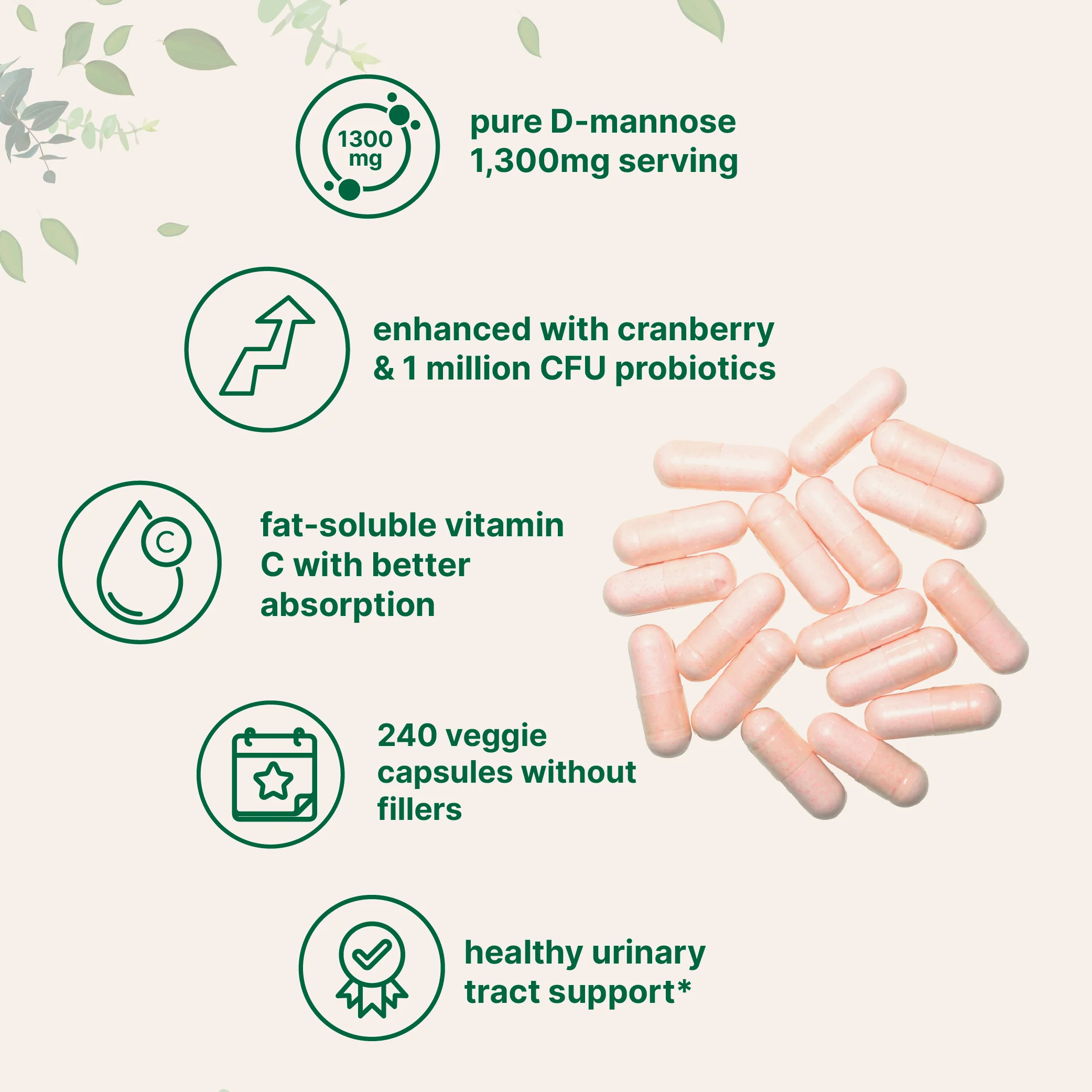 Micro Ingredients Pure D Mannose 1,300mg with Cranberry, 240 Veggie Capsules - Image 3